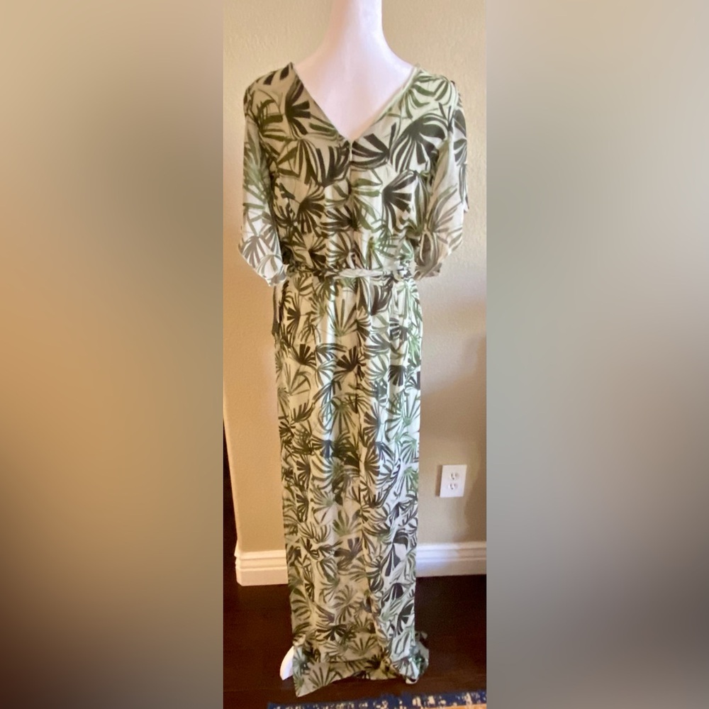 🟢 H BY HALSTON PALM LEAF PRINT V NECK RUFFLE MAXI DRESS - BRAND NEW - SIZE 12 🟢